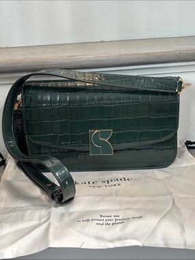 kate spade dark green croc-embossed leather shoulder bag with gold hardware